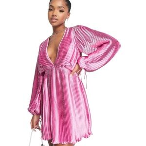 ASOS Design Satin Pleated Plunge Mini Dress Pink Size 8